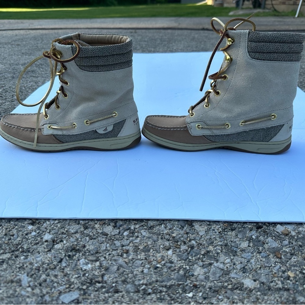 Sperry Hikerfish Women's Linen Leather Sparkle Suede Boots 7M Tan Gold - Picture 4 of 7